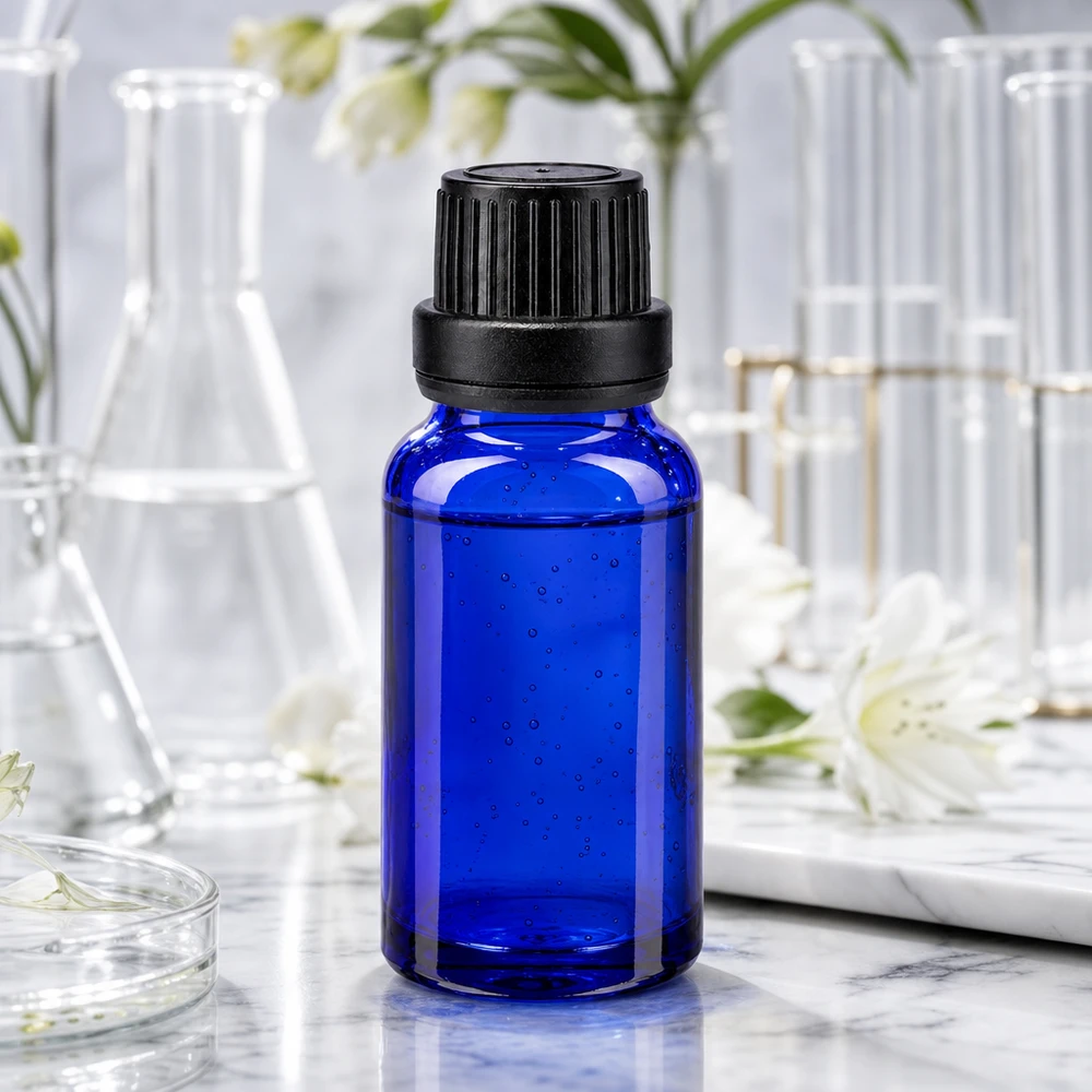 Apteekkipullo sininen 10ml tiputuskorkki kaaderengas 2mm musta peukaloitava korkki Koboltinsininen 10 ml:n lääkealan pullo, jossa on lapsiturvallinen OV-korkki ja tarkka 2 mm:n tiputusosa