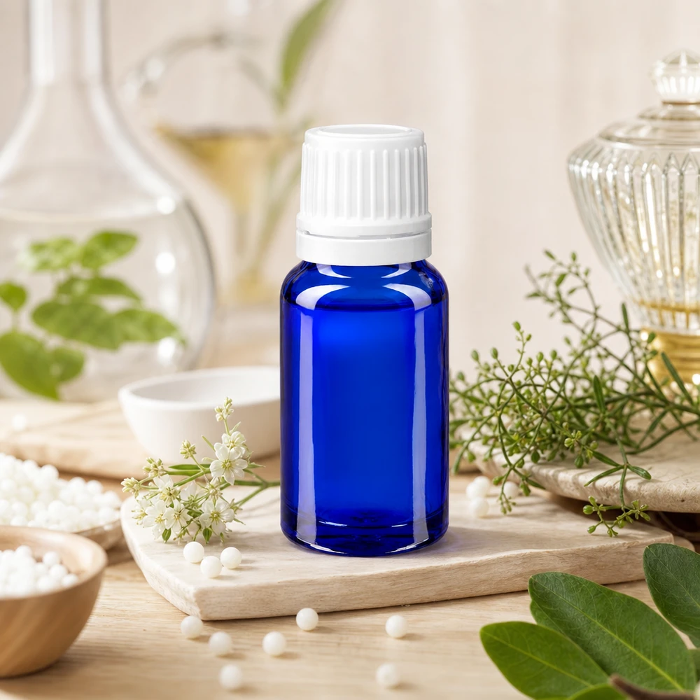Apteekkipullo sininen 10ml tiputuskorkki 1.2mm valkoinen peukalointiturvallinen korkki Sininen 10 ml:n ApoGlas-tiputuspullo, jossa on valkoinen lapsiturvallinen korkki, lääkekasvien joukossa