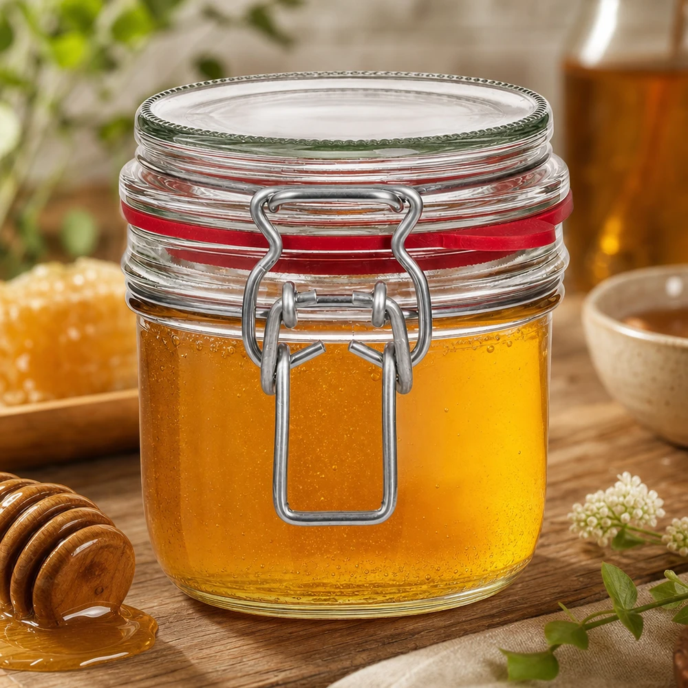 255ml Einmachglas mit Bügelverschluss gefüllt mit goldenem Honig neben Honiglöffel auf natürlichem Holztisch