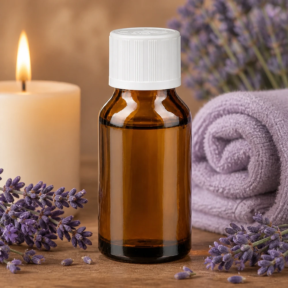 Apteekkipullo ruskea 30ml tippapullo valkoinen lapsiturvallinen korkki standardi Laventeliöljy 30 ml:n ApoGlas-ruskealasipullossa, jossa on valkoinen 1,2 mm:n tiputusosa ja lapsiturvallinen korkki
