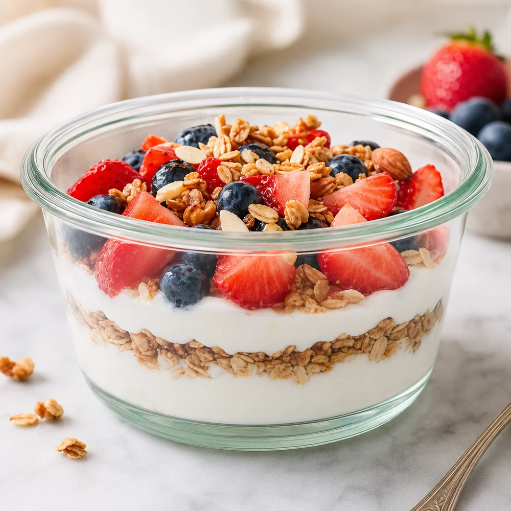 290ml gourmet-mehupurkki WECK RR100 WECK RR100 290ml gourmet-purkki, jossa on jogurtti-granola-parfait marjoja ja pähkinöitä terveellisenä aamiaiskulhona.