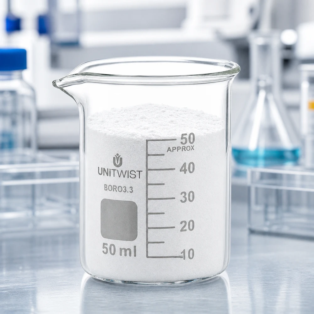 50 ml:n dekantterilasi, borosilikaatti, matala muotti UNiTWIST 50 ml:n mitta-astia, täytetty valkoisella jauheella reunaan asti, UNiTWIST, matala malli, laboratorio