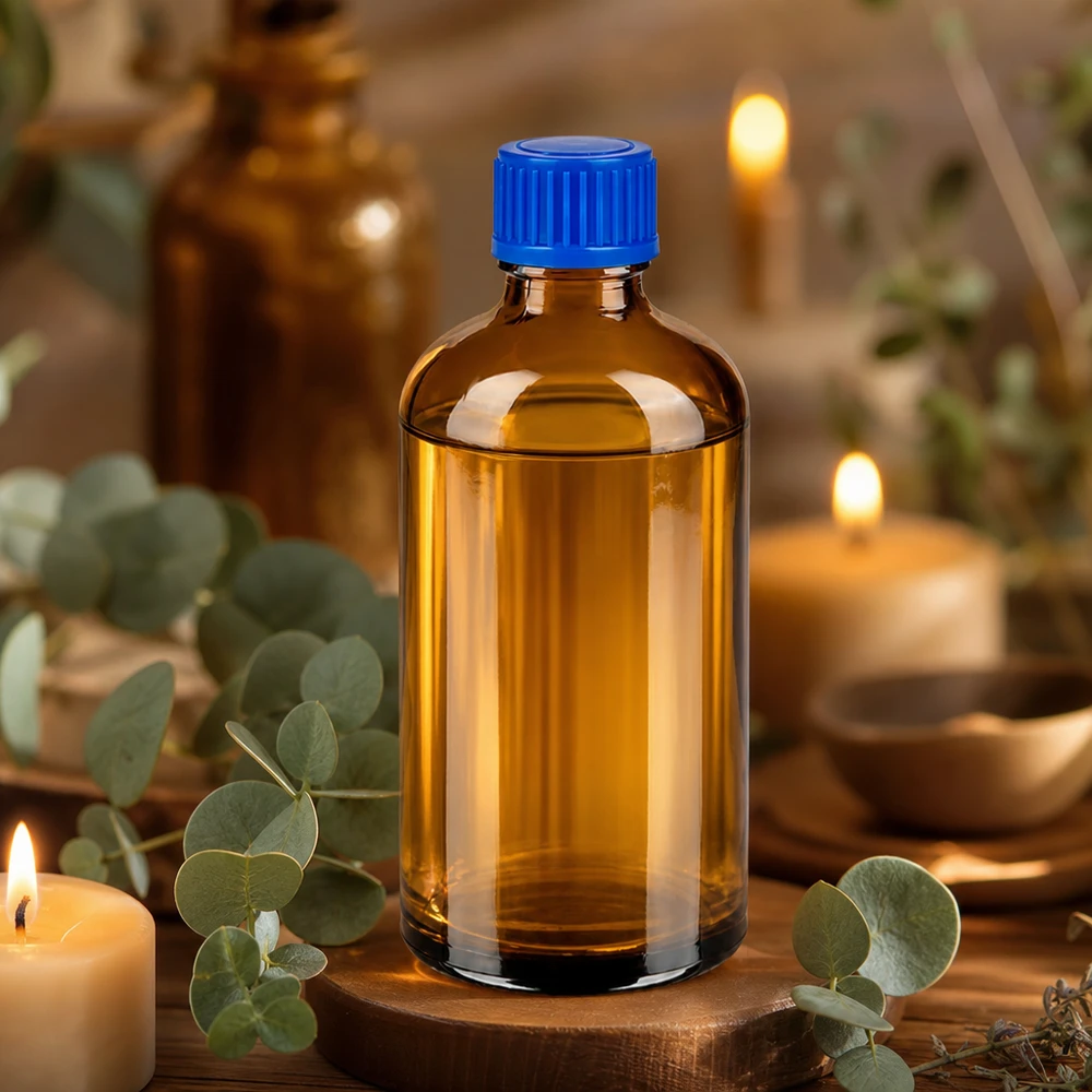 100ml pullo 11mm kierrekorkki sininen Standard BrownLine UT18/100 Aromaterapialasipullo 100ml hygieenisellä kierrekorkilla eteerisille öljyille ja uutteille.