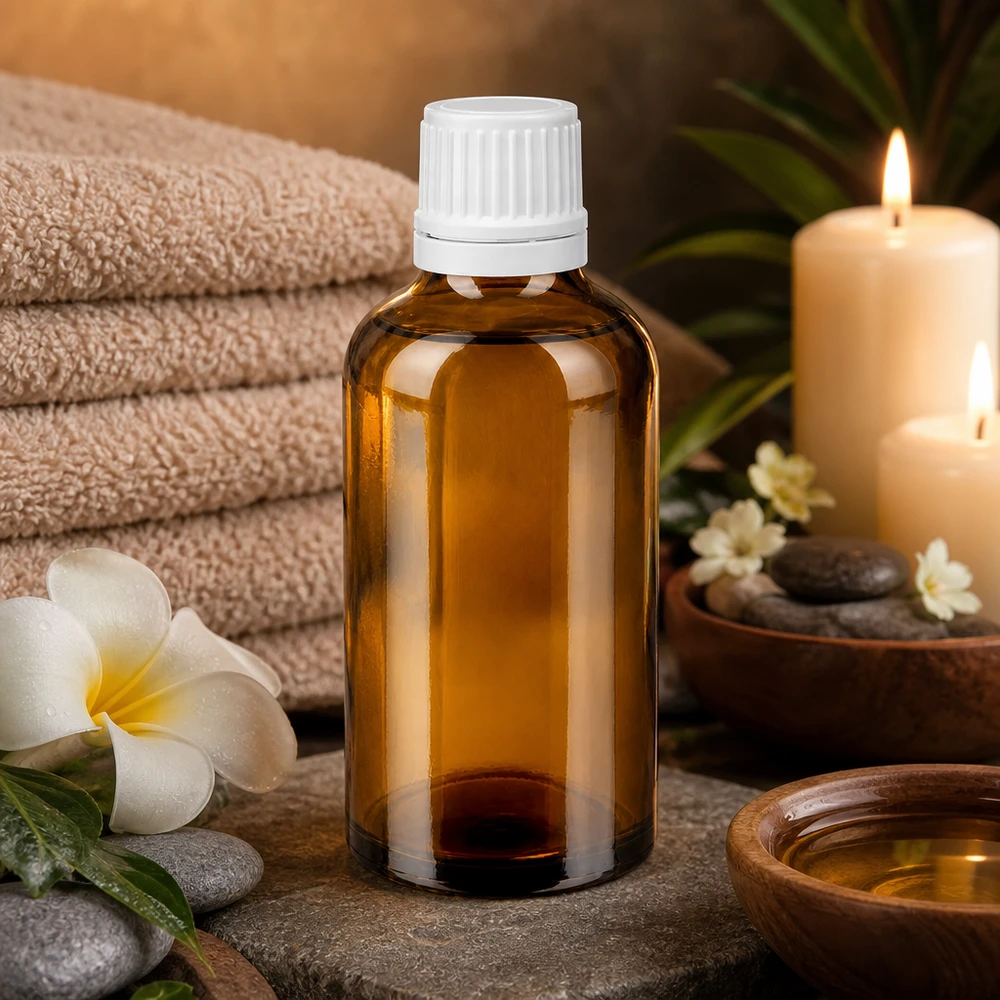 Apteekkipullo ruskea 50ml ruuvikorkki valkoinen väärentämisen estävä sulkeminen. 50 ml:n ruskealasiinen apteekkipullo, jossa on valkoinen kierrekorkki; sopii erinomaisesti hierontaöljyille ja hyvinvointituotteille