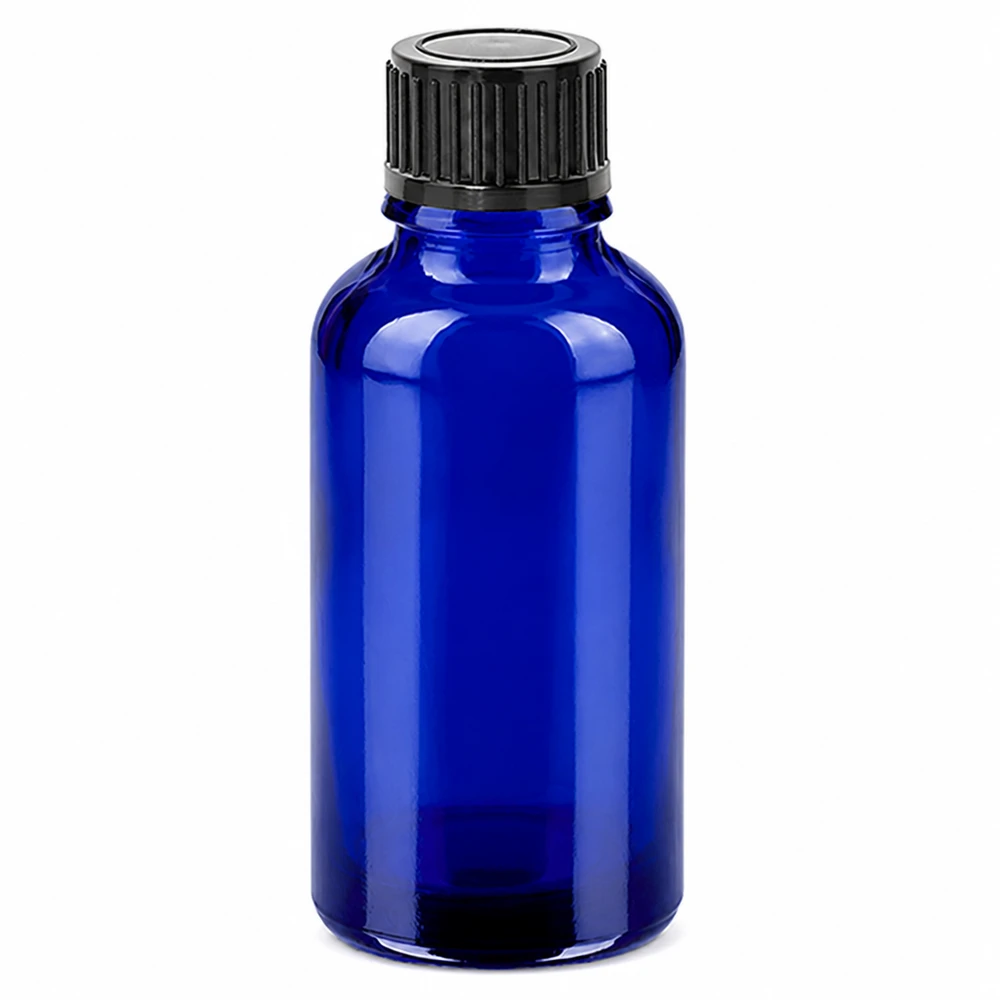30ml sininen lasipullo mustalla kierrekorkilla eteerisille öljyille ja kosmetiikalle.