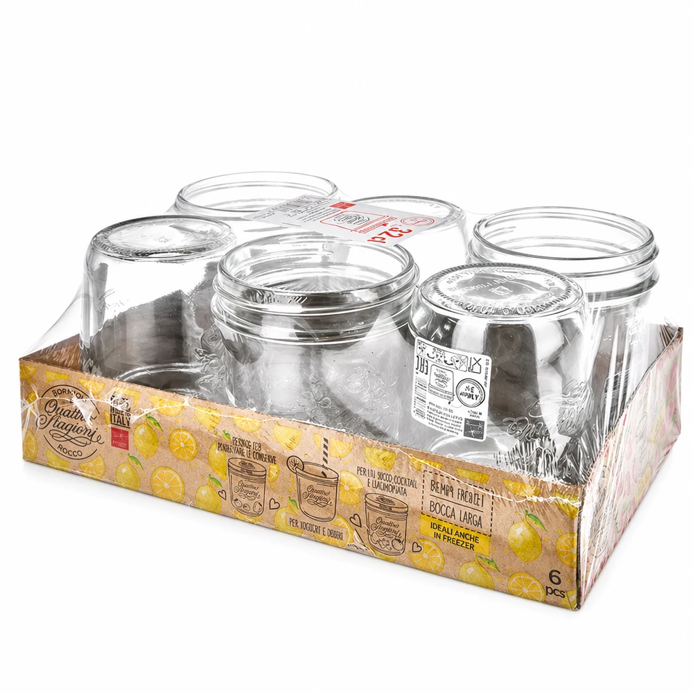 3800ml pyöreä purkki "Quattro Stagioni", jossa on kansi. Bormioli Rocco Quattro Stagioni 6 säilöntäpurkin sarja myyntipakkauksessa, jossa on keltainen sitrushedelmien grafiikka.