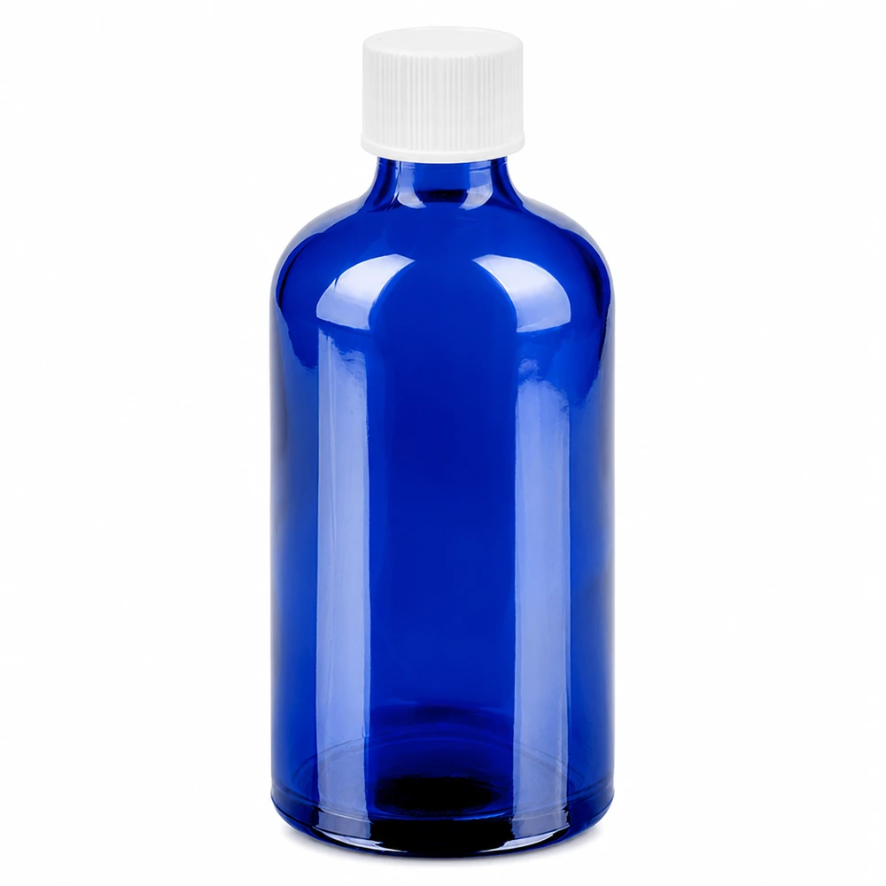 Sininen lasipullo 100ml valkoisella kierrekorkilla 11mm eteerisille öljyille ja kosmetiikalle.