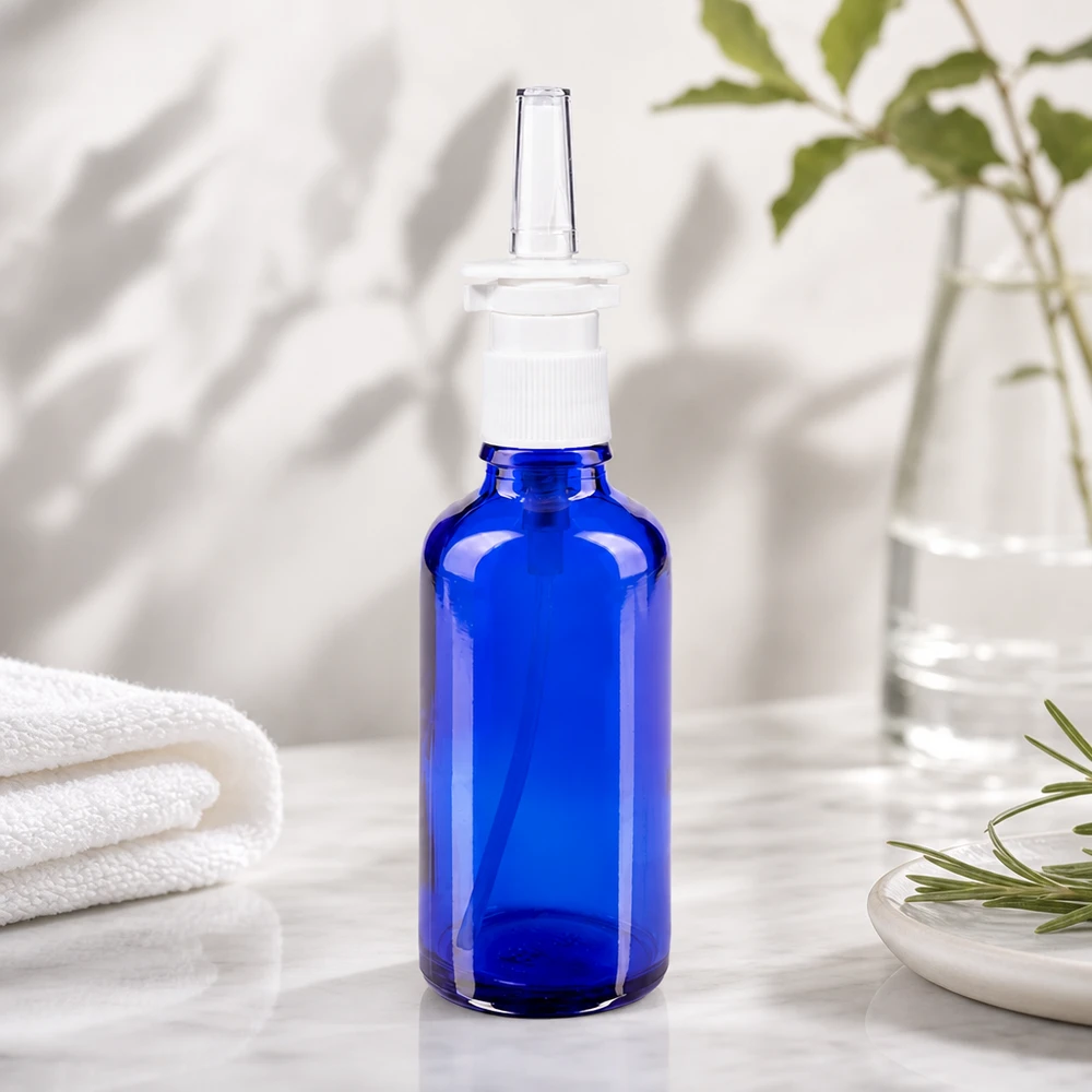 Sininen 50 ml:n lasipullo, jossa on nenäsumutinta, valkoisella marmorilla rosmariinipuisen vieressä