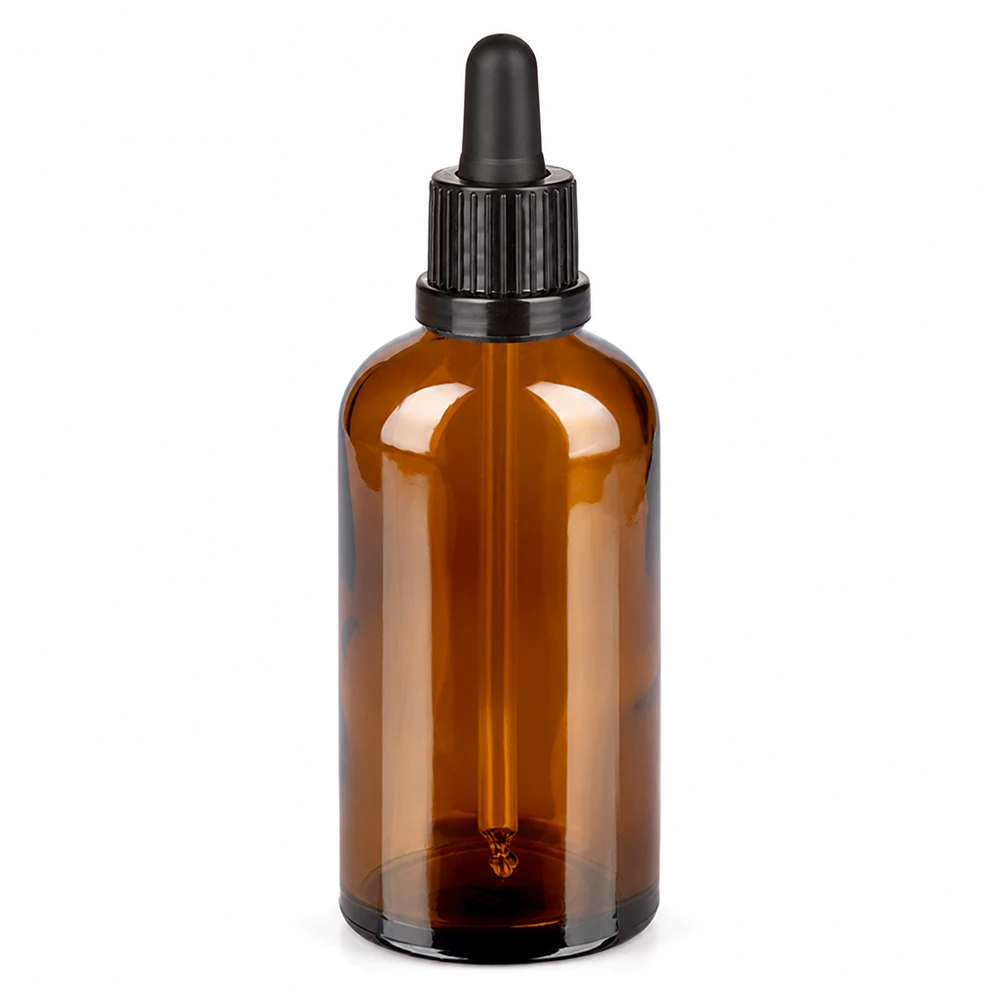 100ml pipettipullo ruskea, jossa musta korkki tarkkaa annostelua varten