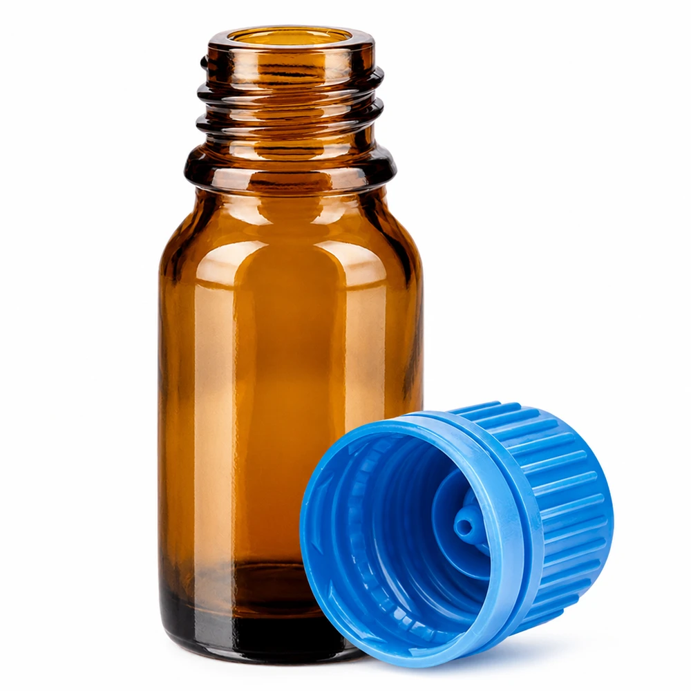 10ml meripihkanvärinen lasipullo, jossa on UV-suoja ja sininen korkki valolle herkille nesteille.