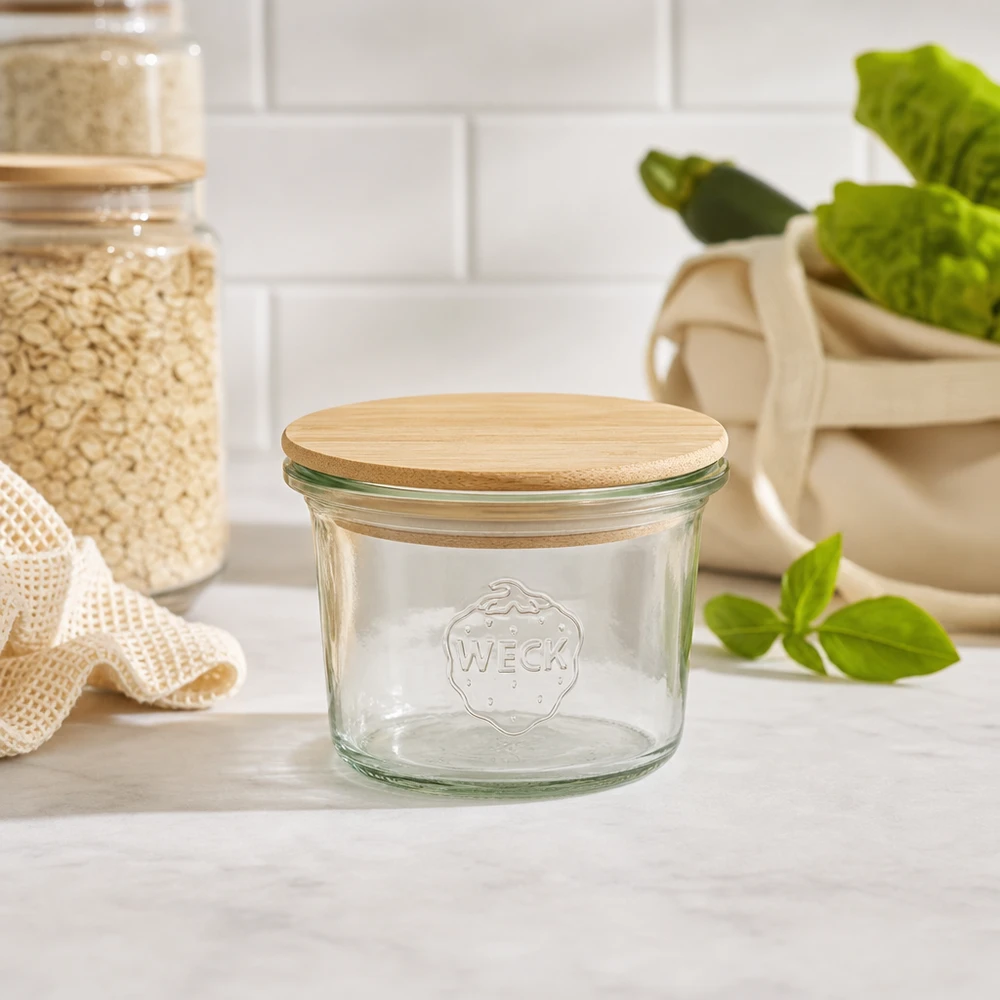 WECK mini muuripurkki 35ml RR40 bambu puukannella kestävässä keittiössä, jossa on säilytyspurkkeja ja vihreitä kasveja
