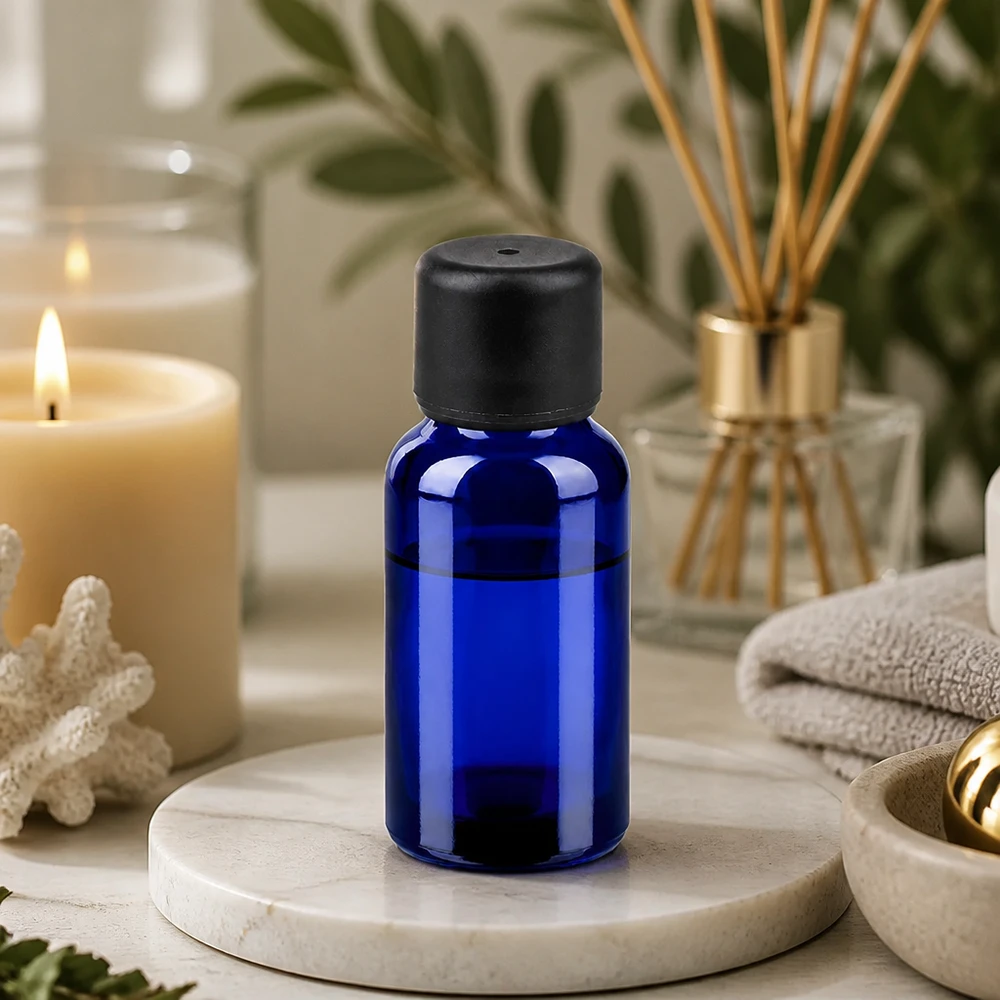 20ml pullo 6mm kierrekorkki musta Standard BlueLine UT18/20 Standard BlueLine UT18/20 Tyylikäs koboltinsininen 20ml lasipullo, jossa on mattamusta korkki aromaterapiaan ja spa-sovelluksiin.