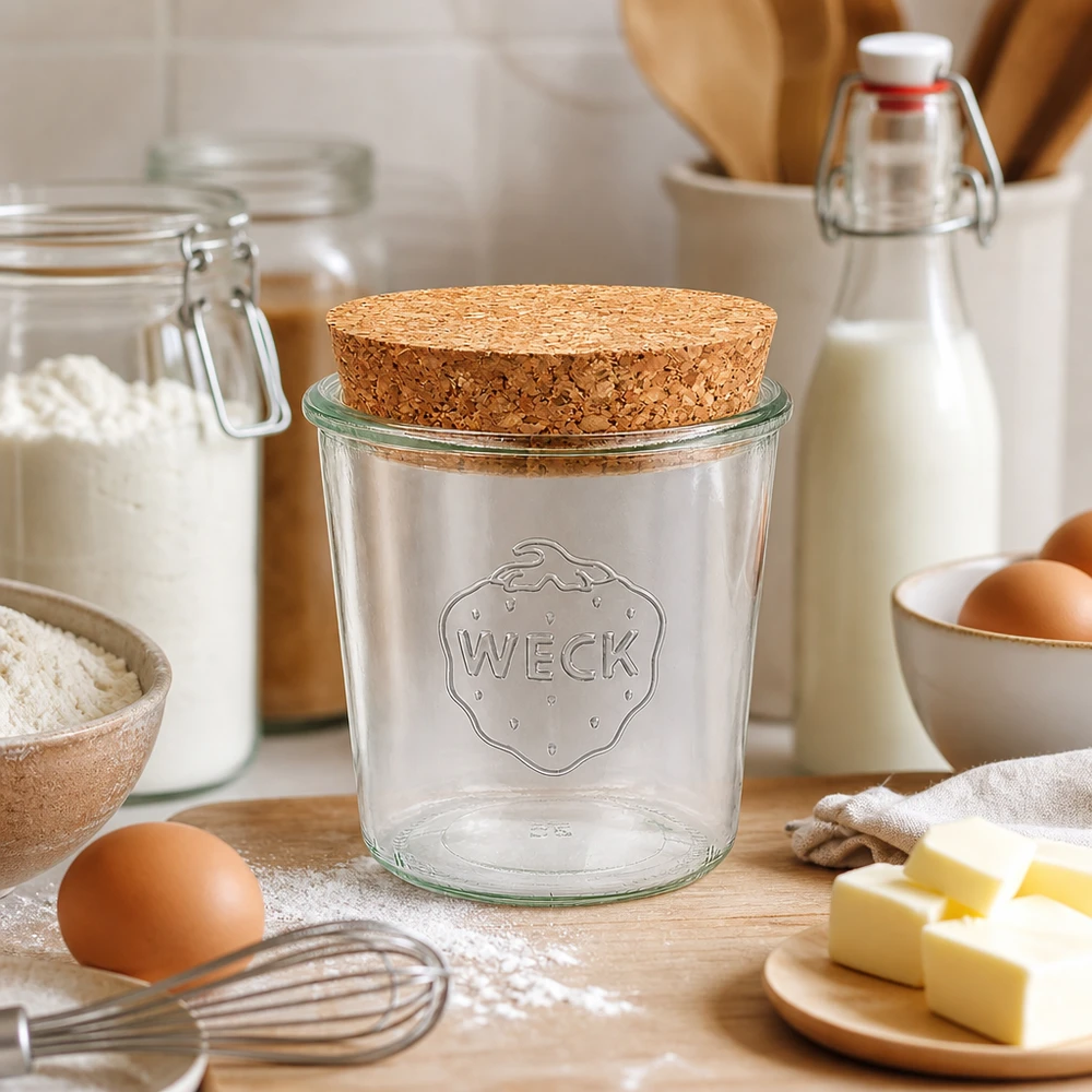WECK 580ml RR100 muuripurkki, jossa on luonnollinen korkki leivontaan keittiössä, järjestetty jauhojen, munien, voin ja maidon välille leivontaan
