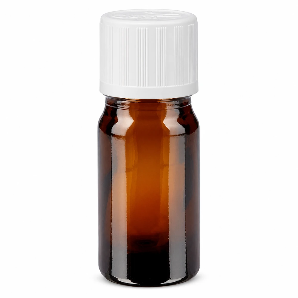 Apteekkipullo ruskea 5ml ruuvikorkki valkoinen lapsiturvallinen standardi 5 ml:n ruskea apteekkipullo, jossa on valkoinen 11 mm:n lasten turvakorkki, ruskeaa lasia