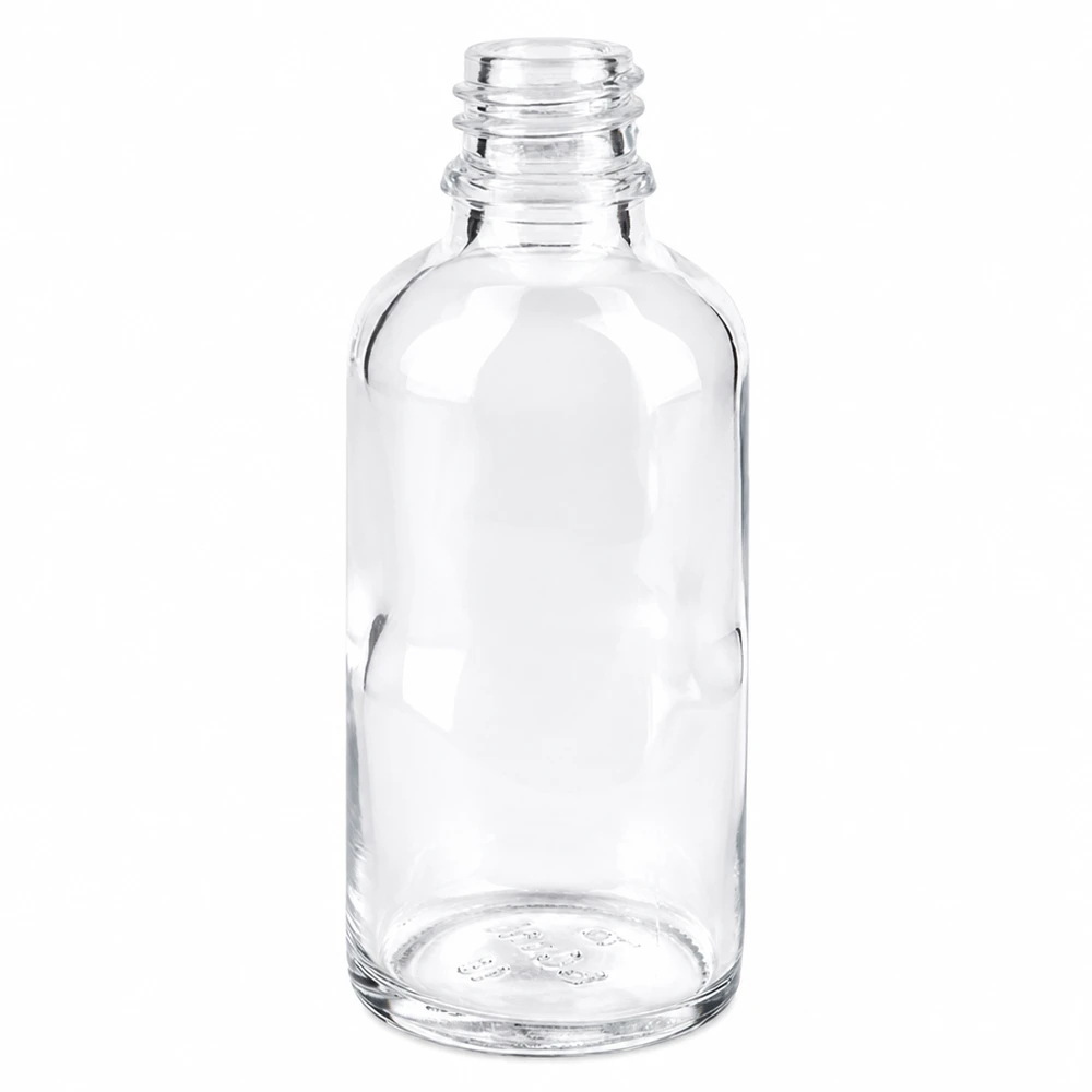 Kirkas lasipullo 50ml DIN 18 50ml kirkas apteekkipullo ApoGlas läpinäkyvästä lasista lääkkeille ja tinktuureille.