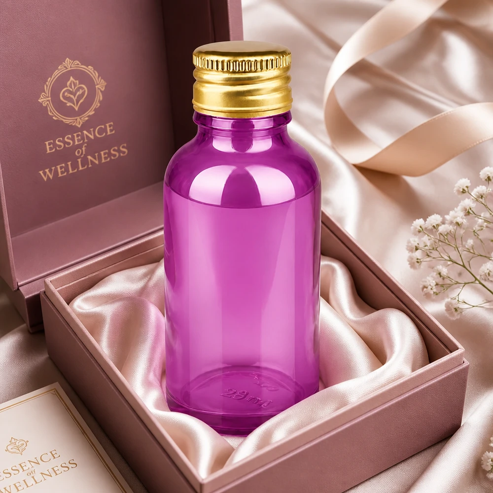30ml premium-lasipullo, violetti, UT18-kierre ja kultainen alumiinikorkki wellness-tuotteille.
