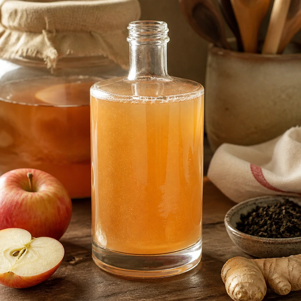 500ml Glasflasche "Sam" ohne Schraubverschluss UNiTWIST 500ml Glasflasche Sam mit hausgemachtem Kombucha befüllt neben Äpfeln und Ingwer rustikale Küchen Atmosphäre