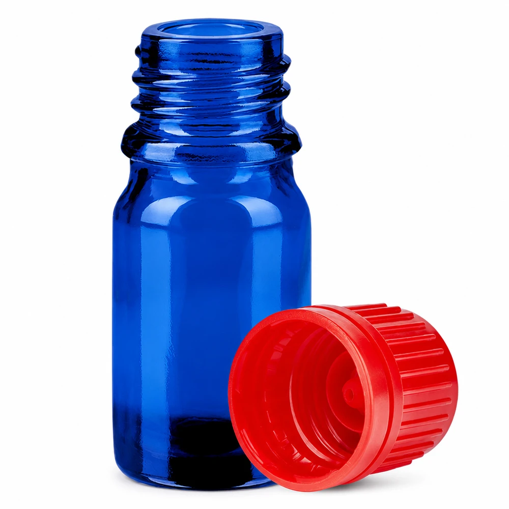 Sininen lasipullo 5ml, 11mm punainen korkki eteerisille öljyille BlueLine UT18/5