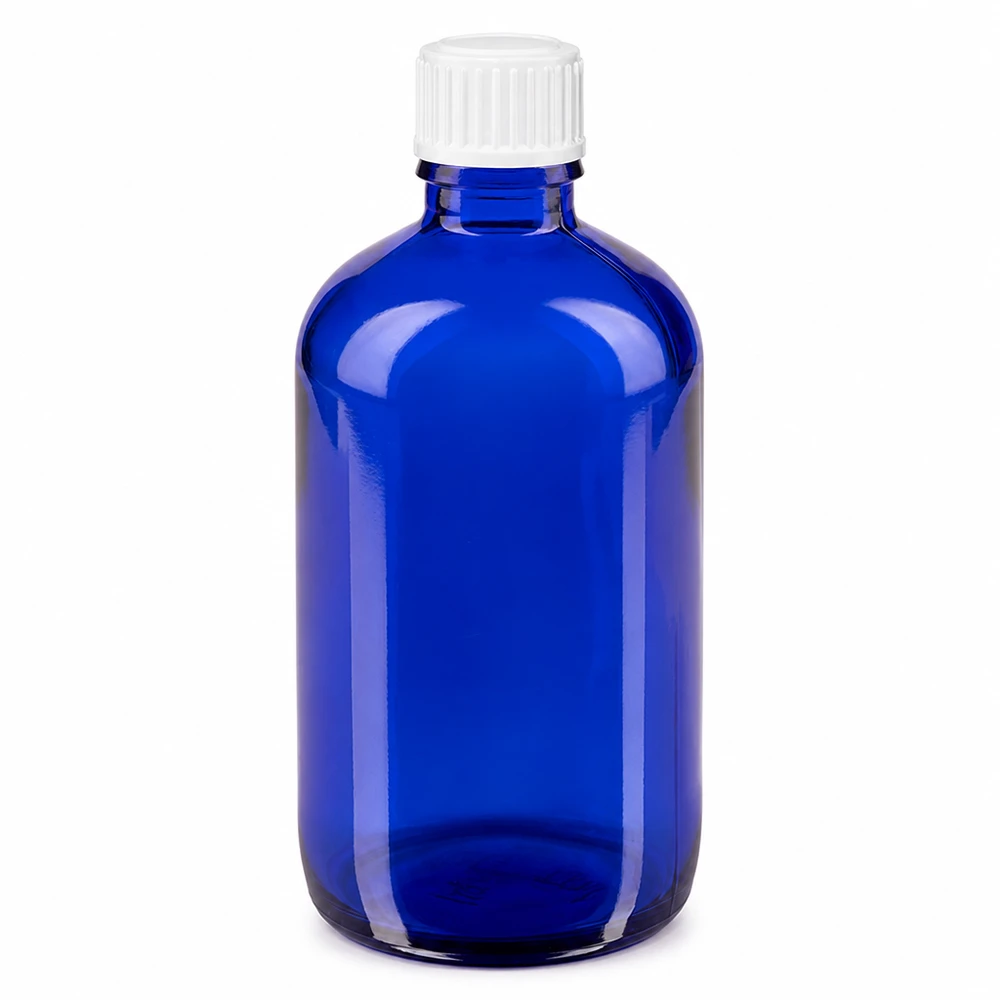 Apteekkipullo sininen 100ml kierrekorkki valkoinen standardi 100 ml:n sininen lasinen apteekkipullo, jossa on valkoinen 11 mm:n vakiokokoinen kierrekorkki