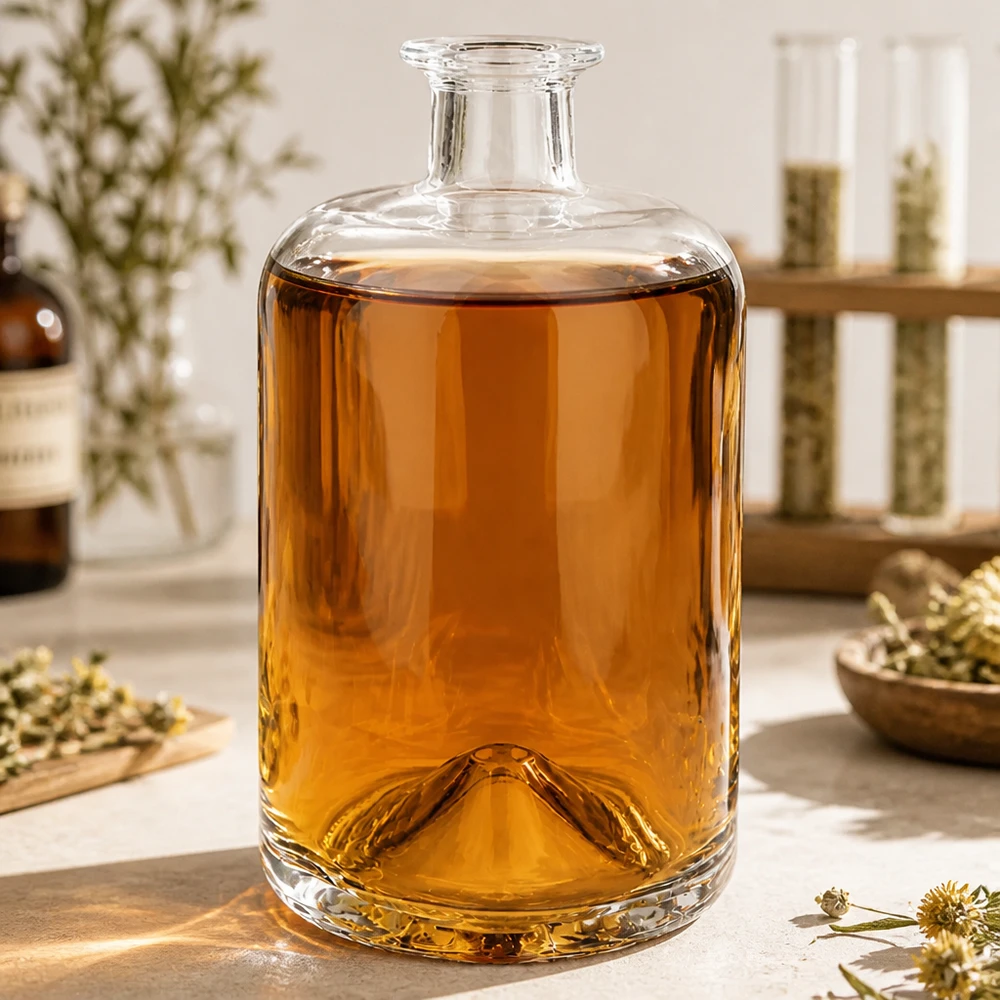 700ml Apothekenflasche "Classic" ohne Verschluss UNiTWIST® 700ml Glasflasche Sofia mit bernsteinfarbener Flüssigkeit auf Marmortisch neben getrockneten Blüten atmosphärisch inszen