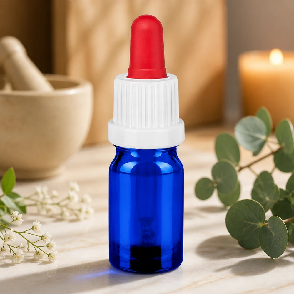 5ml pipettipullo valkoinen/punainen väärentämisen estävä suljin BlueLine UT18/5 BlueLine UT18/5 Laadukas 5 ml:n sininen lasipullo, jossa tippapipetti seerumien ja öljyjen tarkkaan levittämiseen.