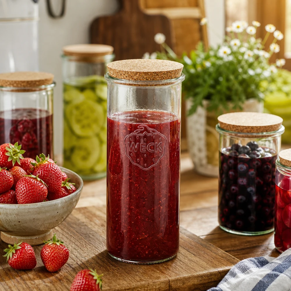 WECK säilytyspurkki 1500ml täynnä mansikkahilloa Keittiön tunnelma Luonnollinen korkkikansi Säilytyspurkki Soveltaminen