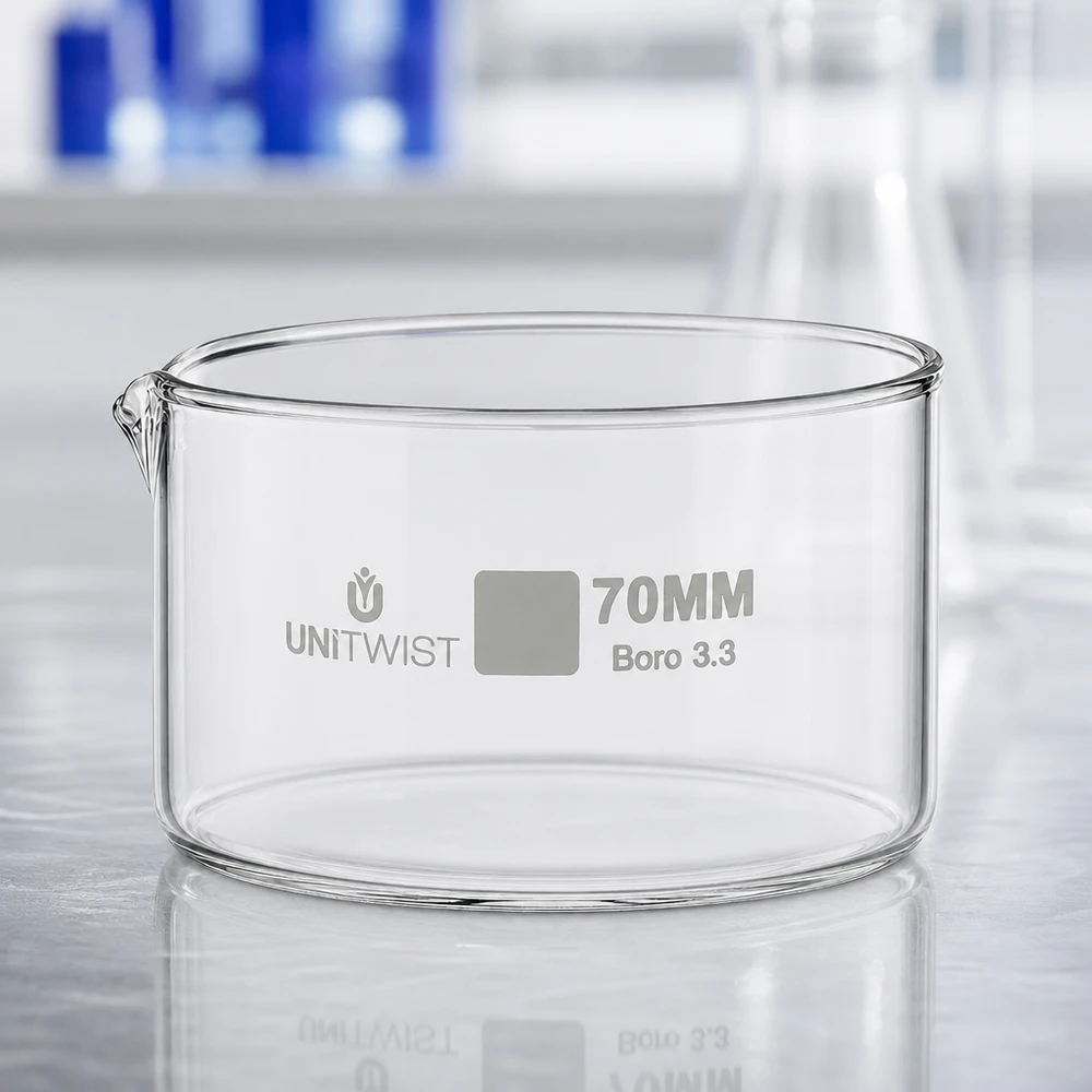 Kiteytysastia ø70mm borosilikaattilasi UNiTWIST Tyhjä kiteytysastia 70 mm UNiTWIST, kirkas borosilikaattilasi 3.3, jossa on kaatonokka, laboratoriokäyttöön