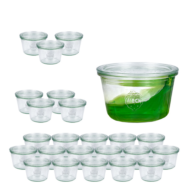 Setti 24 Weck-purkkia 370ml tumblereihin, joissa on 24 lasikantta.