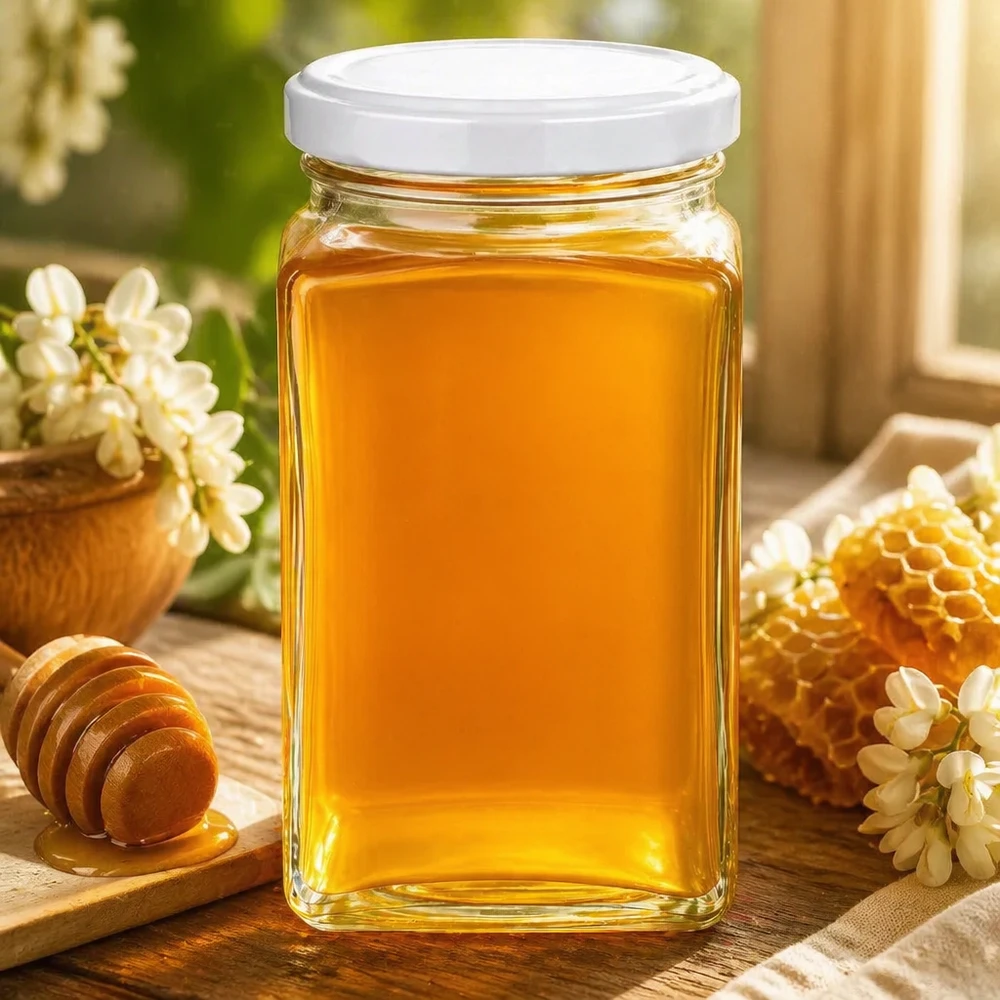 260ml tetrapurkki, jossa on BasicSeal-kansi valkoinen UNiTWIST-pullo. 260ml tetrapurkki, jossa valkoinen kansi, täynnä kullankeltaista hunajaa hunajakennon ja puulusikan luonnollisen koristeen vieressä.