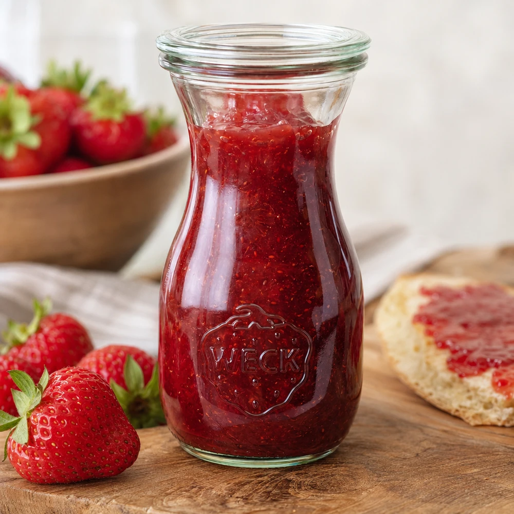 WECK mehupullo 290ml RR60 täynnä punaista mansikkahilloa tuoreiden mansikoiden ja leivän vieressä puisella laudalla.