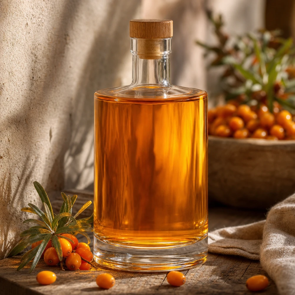 700ml Glasflasche "Galileo" mit Holzgriffkorken UNiTWIST® 700ml Marien lasipullo, jossa on meripihkanvärinen sisältö tyrnin ja maalaismaisen koristelun vieressä lämpimässä valossa.