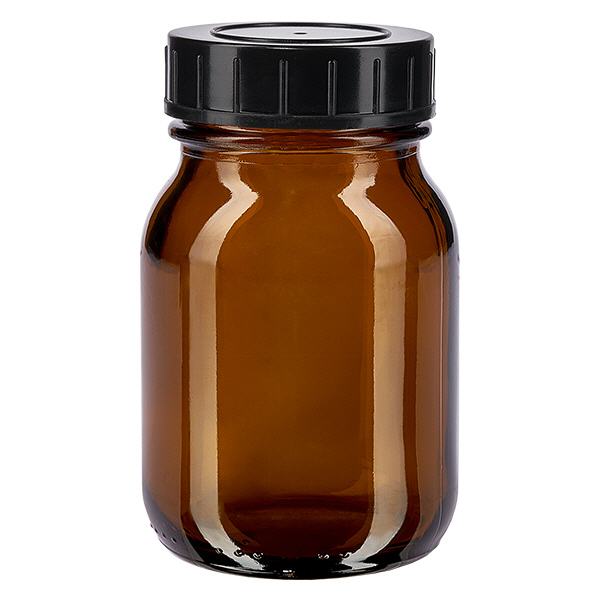 75ml leveäkaulainen pullo meripihkalasista, jossa on kierrekorkki. 75 ml:n laajakaulainen, meripihkalasista valmistettu pullo, jossa on musta ruuvikorkki sisällön suojaamiseksi.