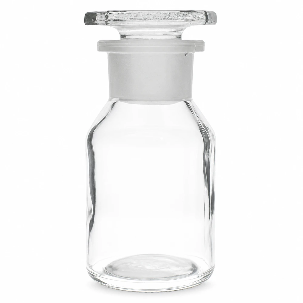Steep neck -pullo 50ml kirkas leveäkaulainen lasitulppa Leveäkaulainen, jyrkärintaisen muotoinen pullo, 50 ml, läpinäkyvä, hiottu lasitulppa, laboratoriokemikaaleille