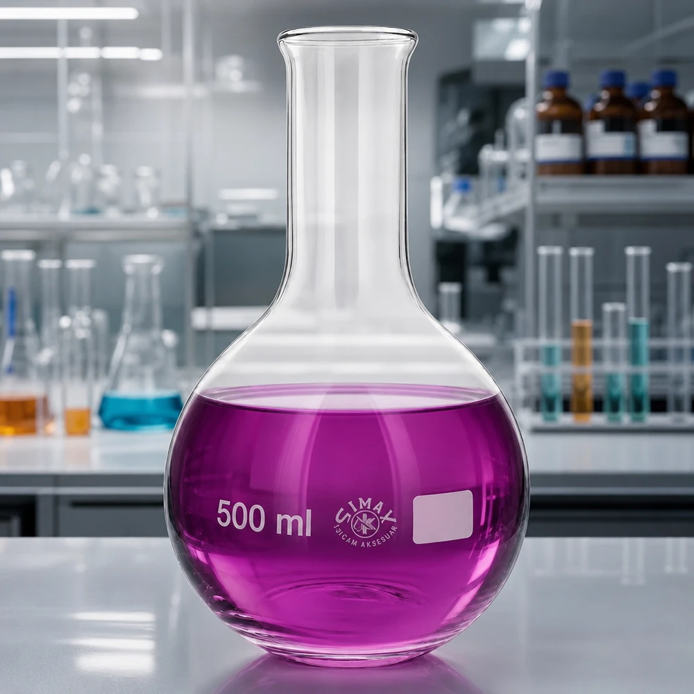 Seisova pullo 500ml kapeakaulainen, jossa on violetti neste modernissa laboratorioympäristössä