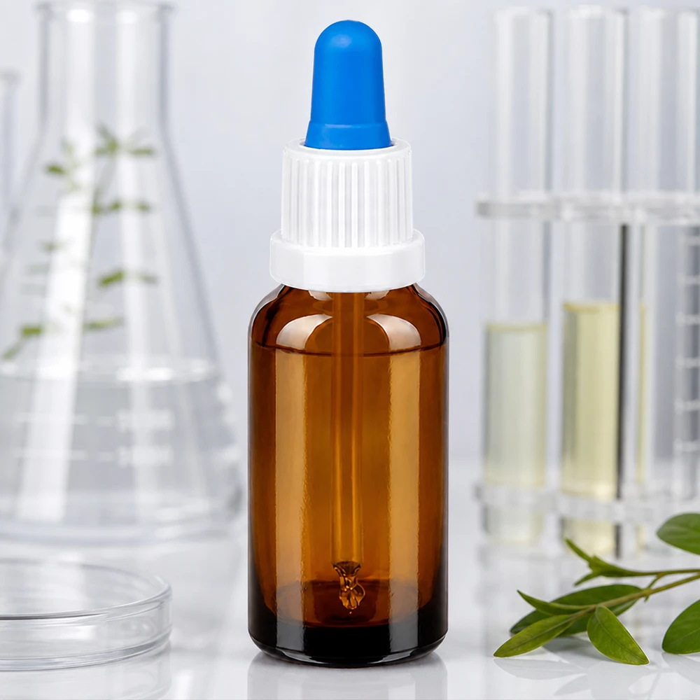 20ml pipettipullo valkoinen/sininen väärentämisen estävä sulkeminen BrownLine UT18/20 Kompakti 20 ml:n pipettipullo, joka on valmistettu UV-suojatusta meripihkanvärisestä lasista tuotteen optimaalisen säilymisen varmistamiseksi.