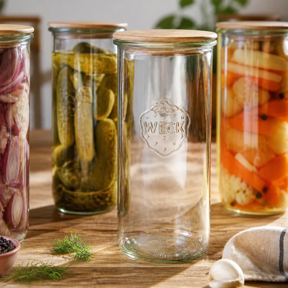 1500ml tumppupurkki WECK RR100 puukannella, jossa on puupallo WECK RR100 1500ml lasipurkki, jossa on puinen kansi marinoitujen vihannesten välissä puupöydällä maalaismainen keittiön kohtaus