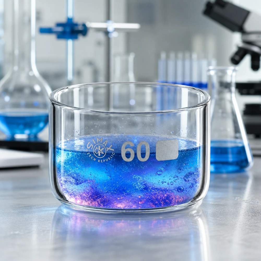 60ml kiteytysastia ilman kantta borosilikaatti ø60mm Kiteytysastia, halkaisija 60 mm, tilavuus 60 ml, jossa on violettisinistä reaktioliuosta, laboratoriopöydällä