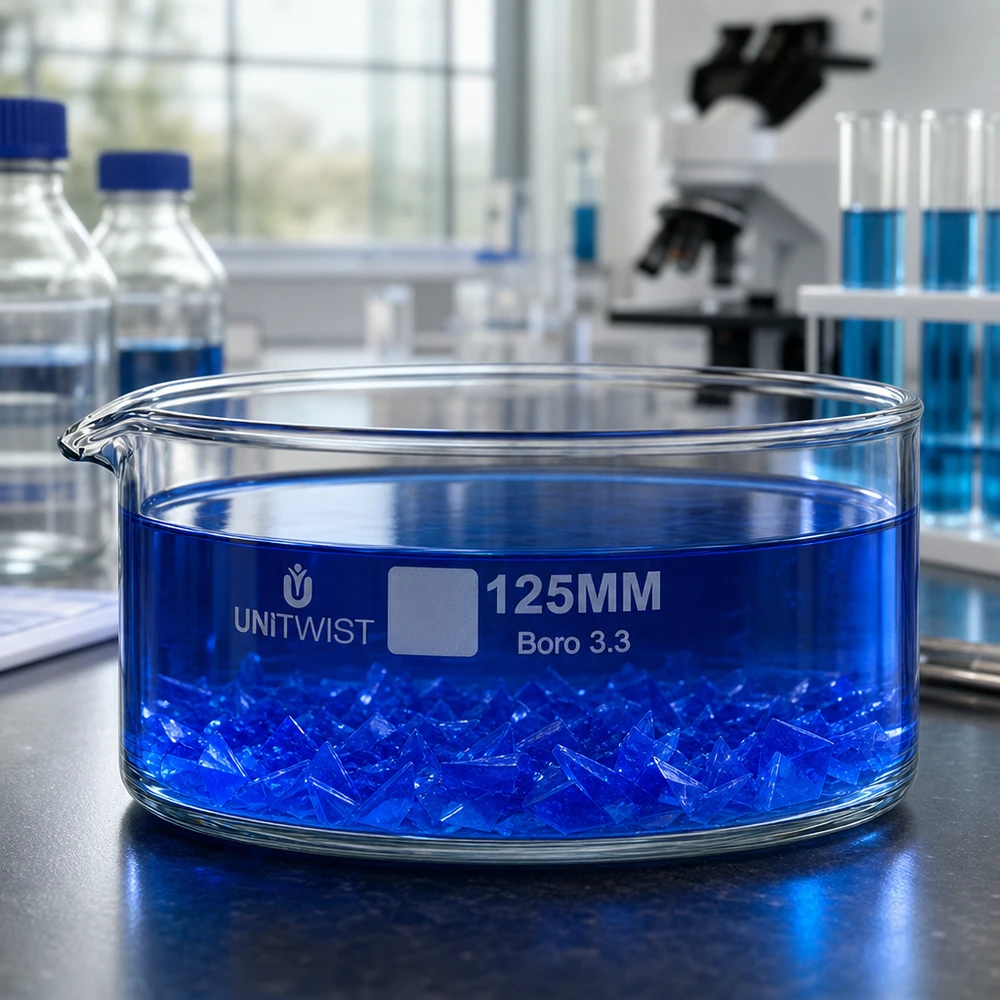 Kiteytysastia ø125mm borosilikaattilasi UNiTWIST UNiTWIST Kiteytysastia 125 mm UNiTWIST Boro 3.3, jossa on sinisiä kiteitä sinisessä liuoksessa – laboratoriokuva