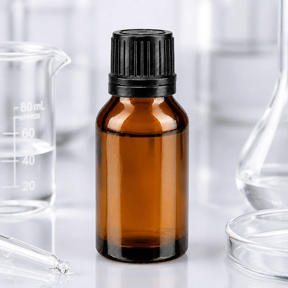 Apteekkipullo ruskea 15ml tiputuskorkki kaaderengas 1mm musta tamper-evident korkki. 15 ml:n apteekkipullo, ruskeaa lasia, musta tippakorkki, 1 mm:n tarkkuusaukko laboratoriossa