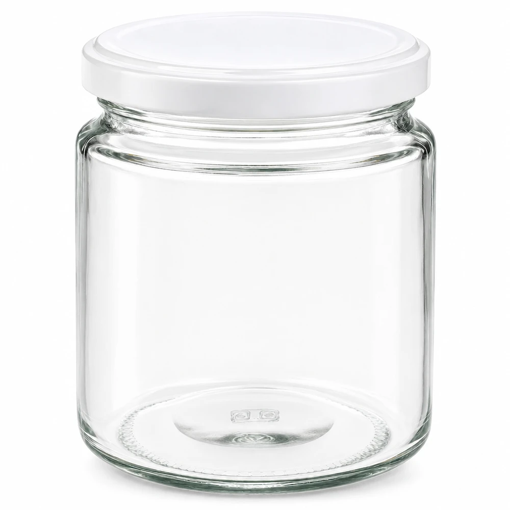 250ml hunajapurkki valkoisella BasicSeal-kannella UNiTWIST, tyhjä lasipurkki hunajaa ja hilloa varten.
