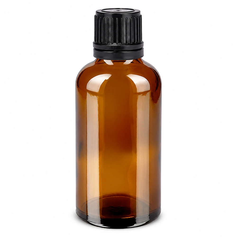 50ml ruskea lasipullo mustalla kierrekorkilla eteerisille öljyille ja kosmetiikalle.