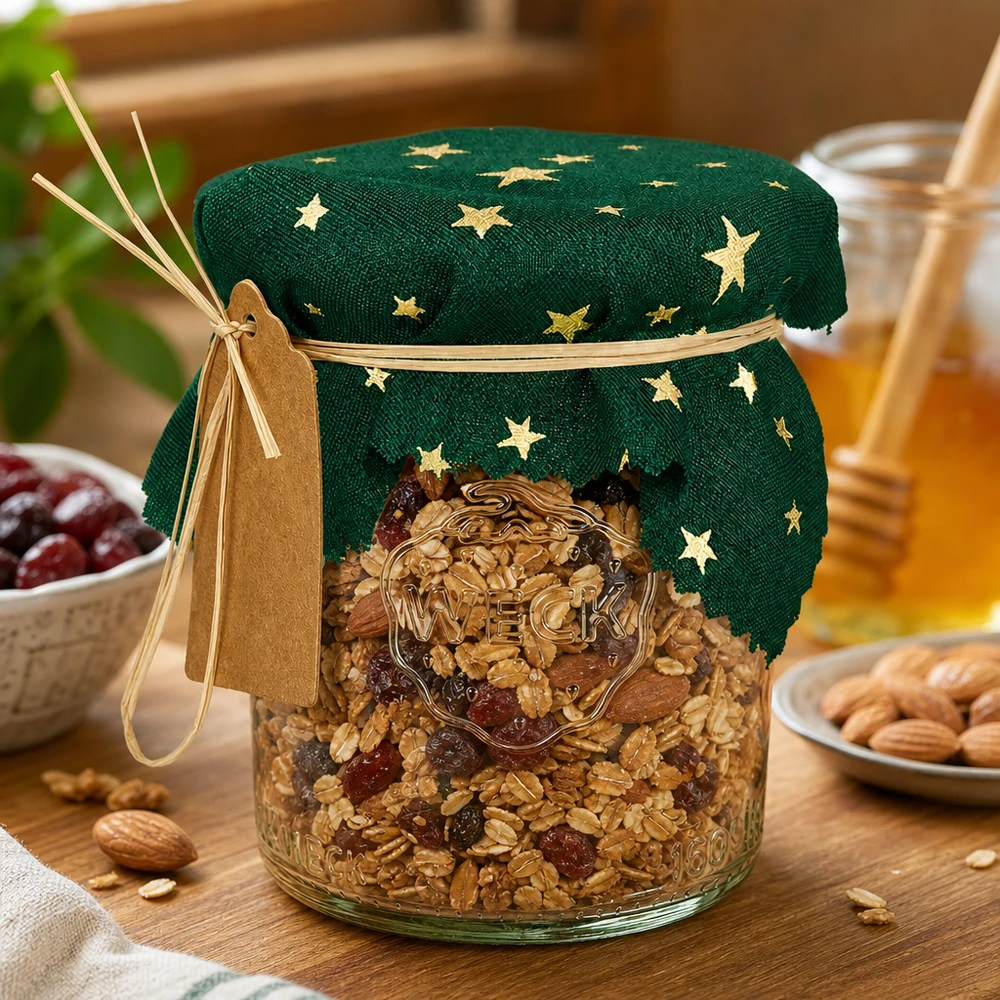 Kankainen korusilppu vihreä "Tähdet" 12cm neliö. Grünes Sterne-Schmuckdeckchen 12cm eckig auf Müsli-Glas mit Nüssen, dekorative Küchenaufbewahrung mit Naturbast
