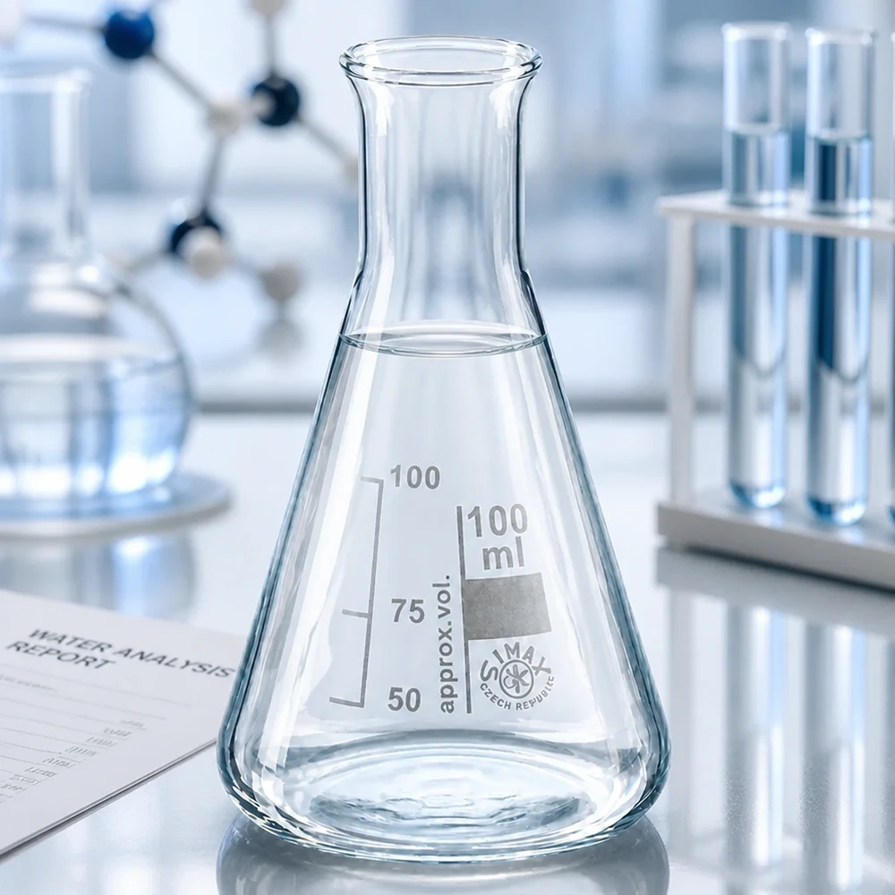 Erlenmeyer-pullo 100ml kapeakaulainen Tarkka 100 ml:n Erlenmeyer-pullo, jossa on kapea kaula ja asteikko tarkkoihin mittauksiin laboratoriossa.