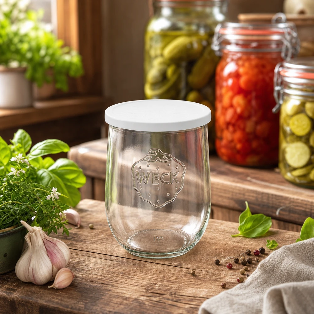 1062ml tulppaanipurkki, jossa on raikkauskansi WECK RR100 WECK tulppaanipurkki 1062ml keittiössä, jossa on marinoituja vihanneksia ja tuoreita yrttejä koristeltuina