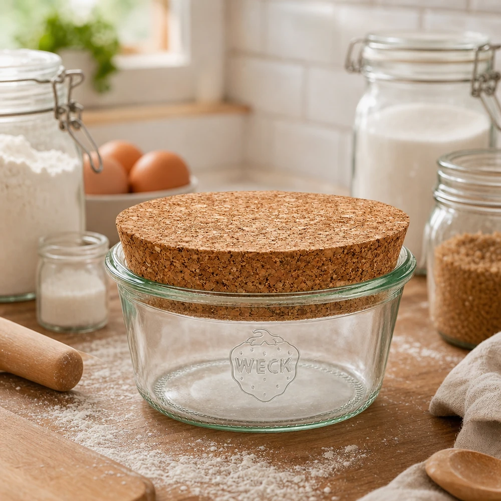 290ml matala tumble-purkki WECK RR100 korkin kanssa luonnollinen. WECK RR100 tumblers 290ml korkkikannella keittiössä jauhojen, munien ja säilytyspurkkien välissä leivontatarvikkeina.