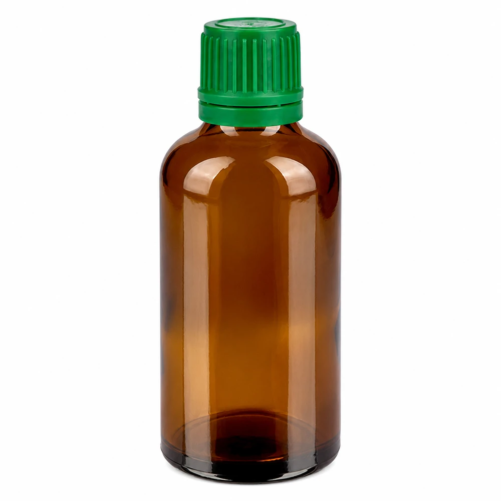50ml pullo 11mm ruuvikorkki vihreä väärentämisvarma sulkeminen BrownLine UT18/50 50ml meripihkanvärinen lasipullo vihreällä kierrekorkilla eteerisille öljyille ja tinktuureille.