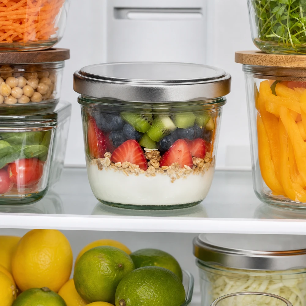 230 ml:n juomalasit, joissa on BasicSeal-kansi hopea UNiTWIST. 230ml lasit hopeisella BasicSeal-kannella käytännölliset jääkaapissa, jossa on järjestetty Meal Prep -säilytys.