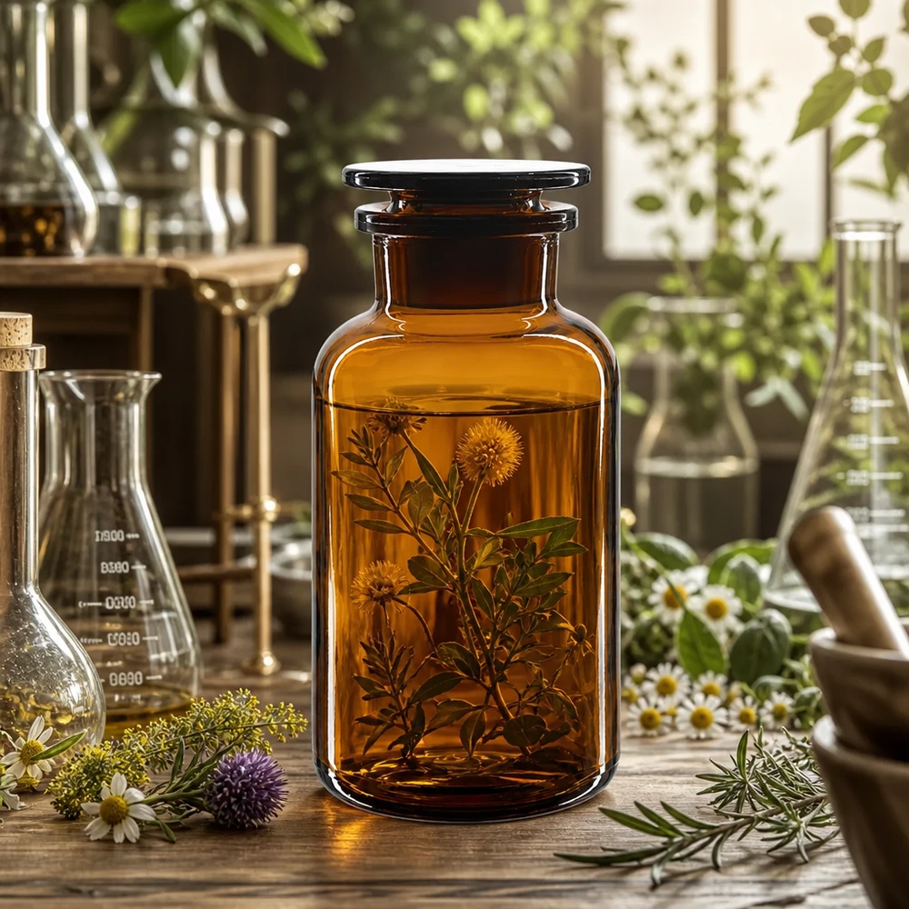 500 ml:n ruskea apteekkipullo, jossa on leveä kaula ja lasitulppa, laboratoriokäyttöön