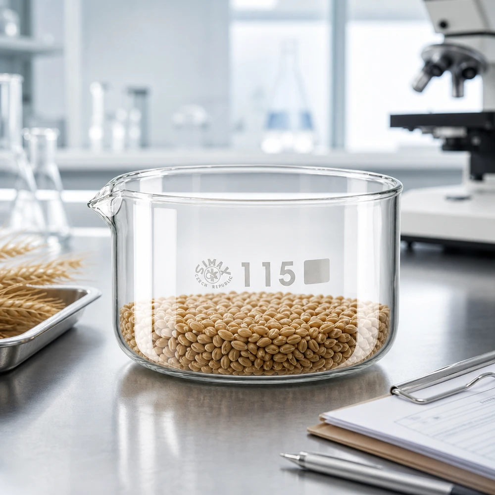 SIMAX-kiteytysastia, 500 ml, täytetty vehnänjyvillä, laboratorioanalyysi, borosilikaattilasi, ø115 mm