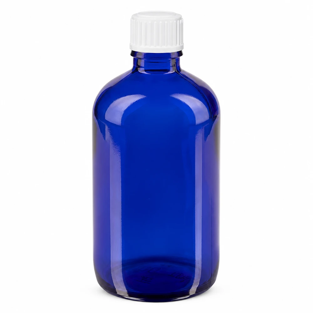 100 ml:n sininen apteekkipullo borosilikaattilasista, valkoisella tippakorkilla (0,9 mm)